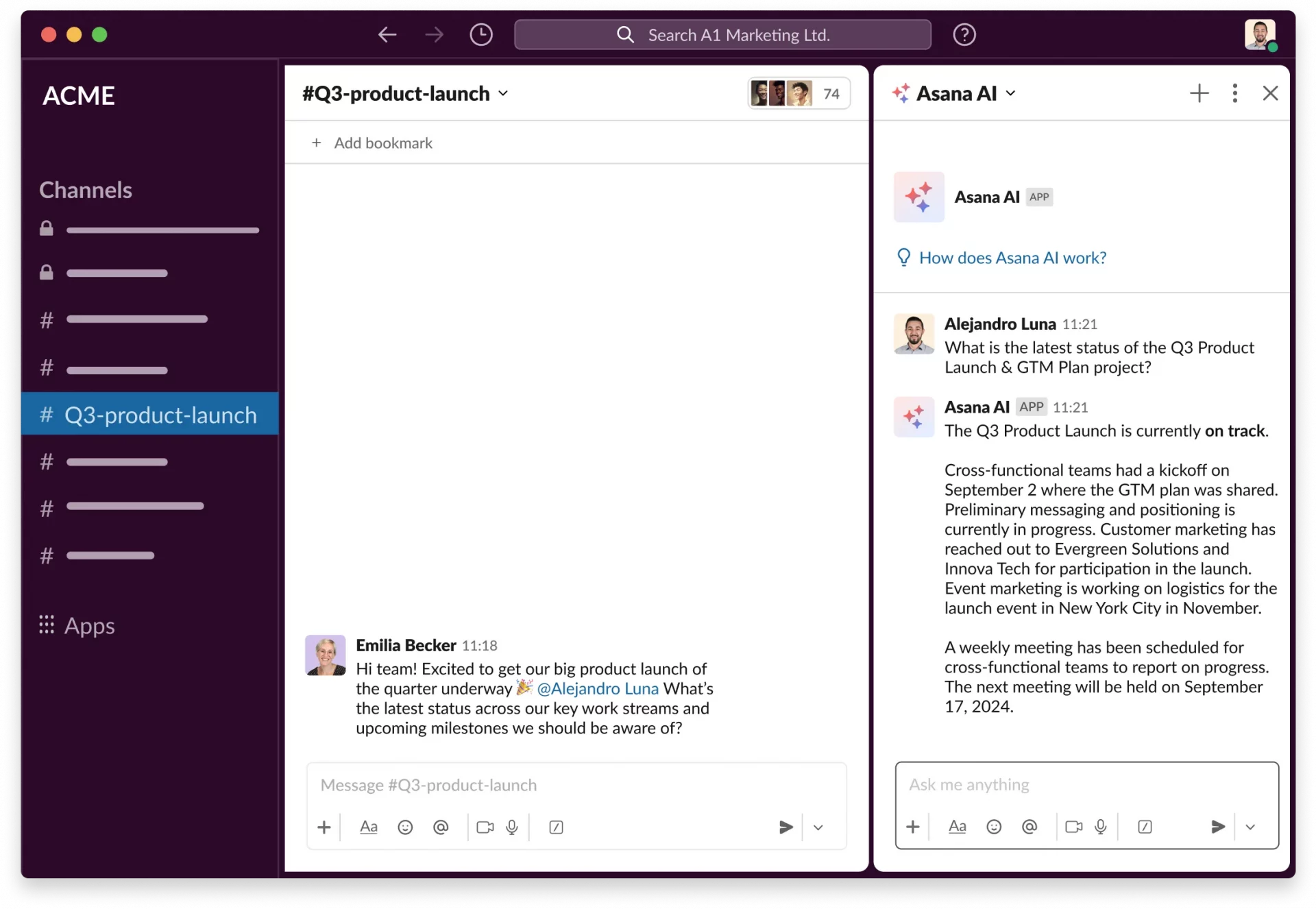 Example of the Asana-Slack integration, showing a Slack group with updates flowing in from Asana.