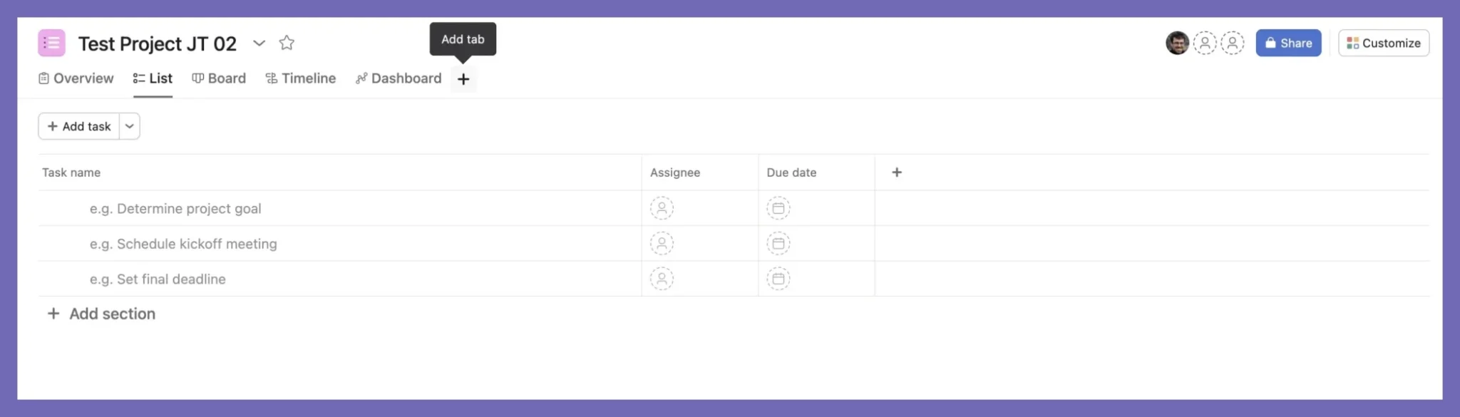 step 1 of adding an asana gantt view is to "add tab" in asana