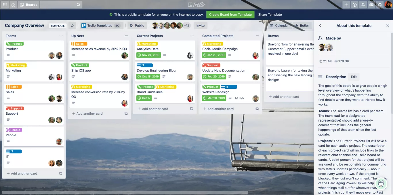 A board view in Trello, showing tasks (represented as cards) for a marketing project.