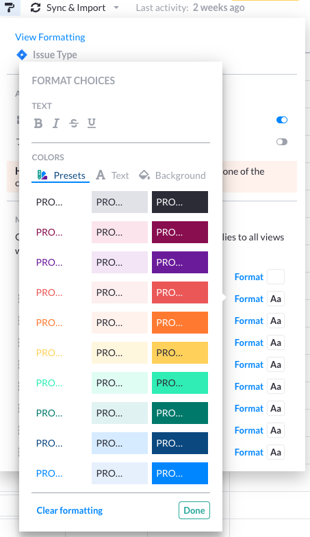 visor color formatting screen